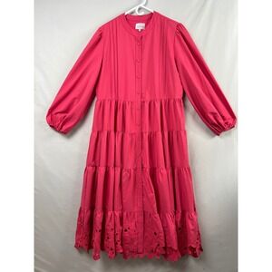 Dainty Jewells Dress Women XL Pink Tiered Button Down Eyelet Hem Modest Cottage